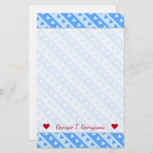 Aangepaste naam + Blauw hart en patroon strepen Briefpapier (Voorkant / Achterkant)