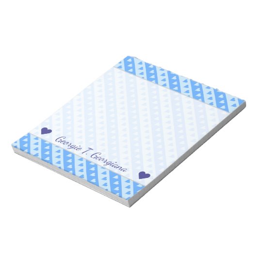 Aangepaste naam + Blauw hart en patroon strepen Notitieblok (Linkerzijde)