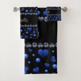 Aangepaste naam, blauw hartglitterpatroon bad handdoek