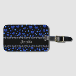 Aangepaste naam, blauw hartglitterpatroon bagagelabel