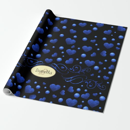 Aangepaste naam, blauw hartglitterpatroon cadeaupapier (Uitgerold)