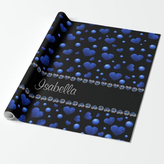 Aangepaste naam, blauw hartglitterpatroon cadeaupapier (Uitgerold)