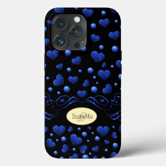 Aangepaste naam, blauw hartglitterpatroon Case-Mate iPhone case (Achterkant)