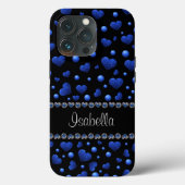 Aangepaste naam, blauw hartglitterpatroon Case-Mate iPhone case (Achterkant)