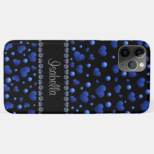 Aangepaste naam, blauw hartglitterpatroon Case-Mate iPhone case (Achterkant (horizontaal))