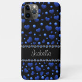 Aangepaste naam, blauw hartglitterpatroon Case-Mate iPhone case (Achterkant)