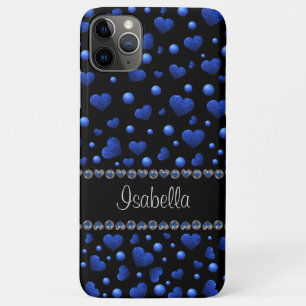 Aangepaste naam, blauw hartglitterpatroon Case-Mate iPhone case