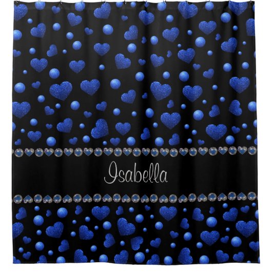 Aangepaste naam, blauw hartglitterpatroon douchegordijn (Voorkant)