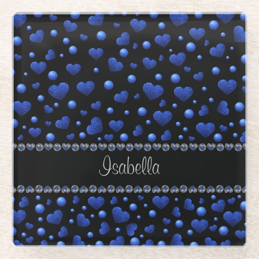 Aangepaste naam, blauw hartglitterpatroon glazen onderzetter (Voorkant)