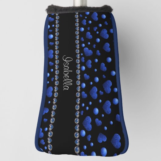 Aangepaste naam, blauw hartglitterpatroon golfheadcover (Draai 90)