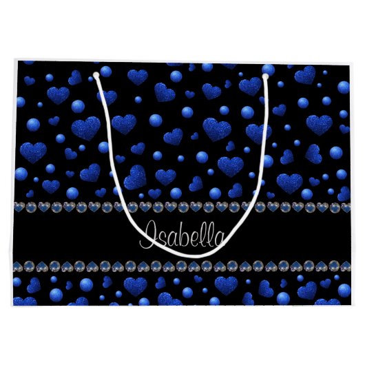Aangepaste naam, blauw hartglitterpatroon groot cadeauzakje (Achterkant)