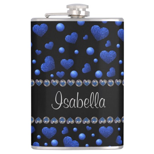 Aangepaste naam, blauw hartglitterpatroon heupfles (Voorkant)