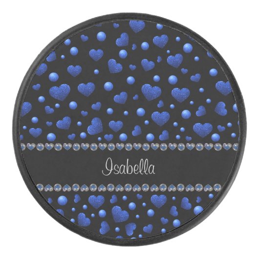 Aangepaste naam, blauw hartglitterpatroon hockey puck (Voorkant)