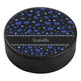 Aangepaste naam, blauw hartglitterpatroon hockey puck