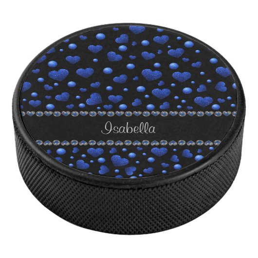 Aangepaste naam, blauw hartglitterpatroon hockey puck (3/4)