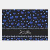 Aangepaste naam, blauw hartglitterpatroon inpakpapier vel (Voorkant 3)