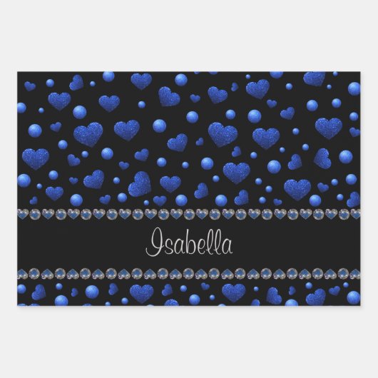 Aangepaste naam, blauw hartglitterpatroon inpakpapier vel (Voorkant 3)