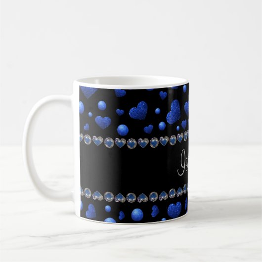 Aangepaste naam, blauw hartglitterpatroon koffiemok (Links)