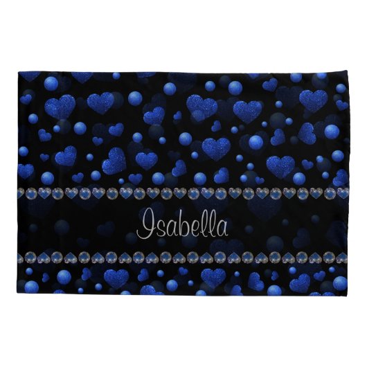 Aangepaste naam, blauw hartglitterpatroon kussensloop (Achterkant-Links)