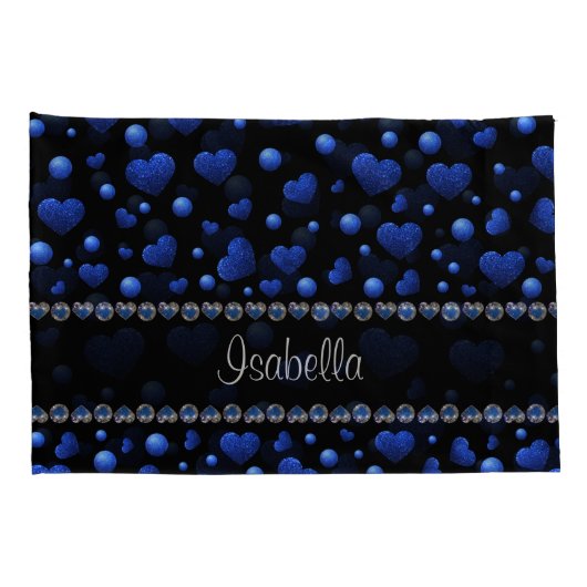 Aangepaste naam, blauw hartglitterpatroon kussensloop (Achterkant-Rechts)