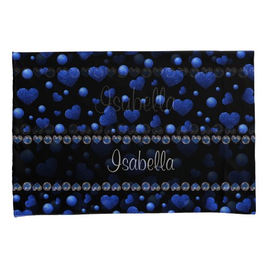 Aangepaste naam, blauw hartglitterpatroon kussensloop (Voorkant-Rechts)