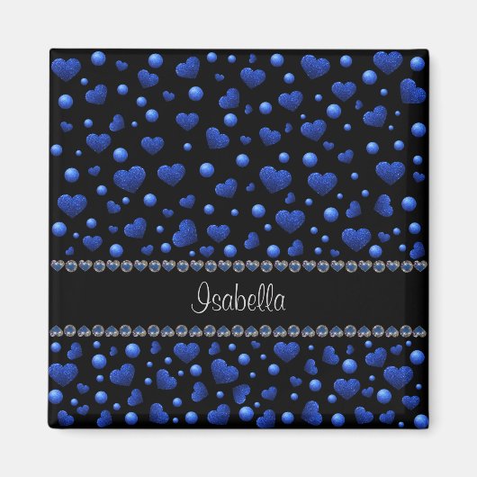 Aangepaste naam, blauw hartglitterpatroon magneet (Voorkant)