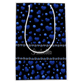 Aangepaste naam, blauw hartglitterpatroon medium cadeauzakje