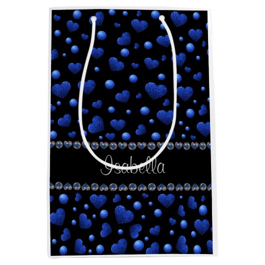 Aangepaste naam, blauw hartglitterpatroon medium cadeauzakje (Voorkant)