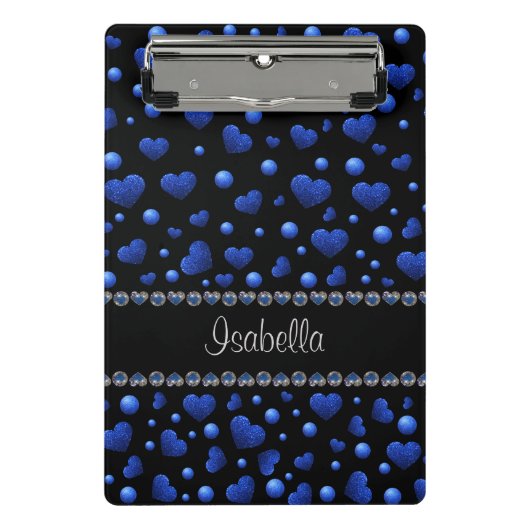 Aangepaste naam, blauw hartglitterpatroon mini klembord (Voorkant)