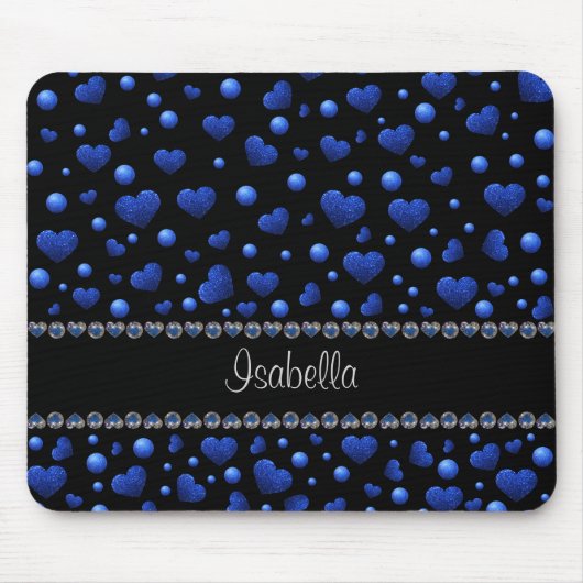 Aangepaste naam, blauw hartglitterpatroon muismat (Voorkant)