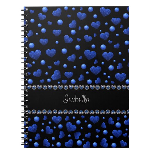 Aangepaste naam, blauw hartglitterpatroon notitieboek (Voorkant)