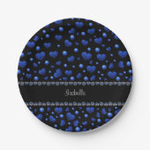 Aangepaste naam, blauw hartglitterpatroon papieren bordje (Voorkant)