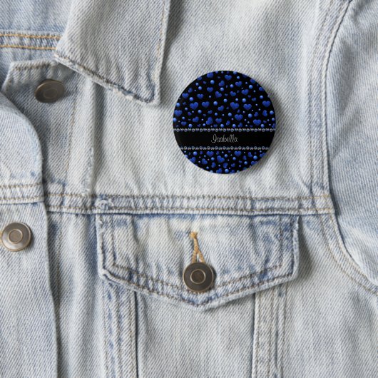 Aangepaste naam, blauw hartglitterpatroon ronde button 5,7 cm (In situ)