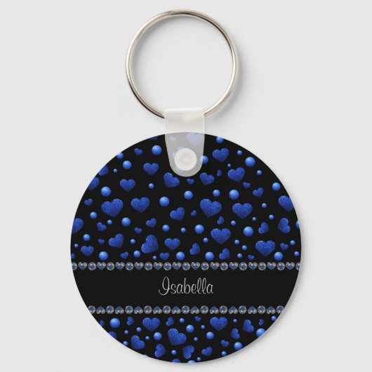 Aangepaste naam, blauw hartglitterpatroon sleutelhanger (Voorkant)