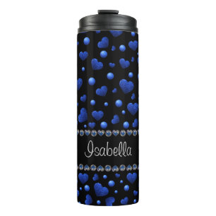 Aangepaste naam, blauw hartglitterpatroon thermosbeker
