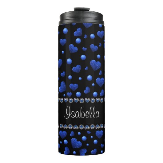 Aangepaste naam, blauw hartglitterpatroon thermosbeker (Voorkant)