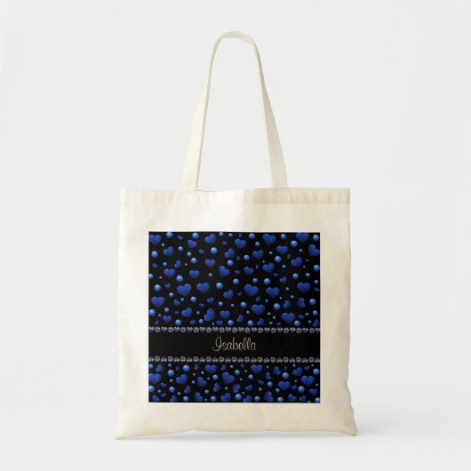 Aangepaste naam, blauw hartglitterpatroon tote bag (Voorkant)