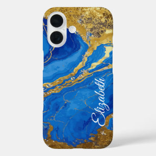 Aangepaste Naam Blauw Marmer en Gold Leaf iPhone 16 Hoesje