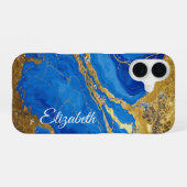 Aangepaste Naam Blauw Marmer en Gold Leaf iPhone 16 Hoesje (Achterkant horizontaal)