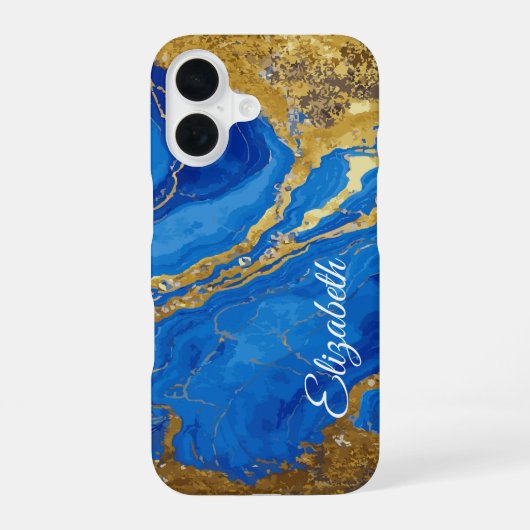 Aangepaste Naam Blauw Marmer en Gold Leaf iPhone 16 Hoesje (Achterkant)