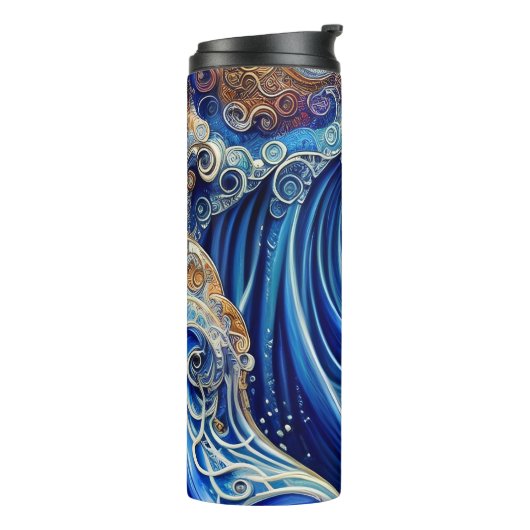 Aangepaste naam Blauw met Gold Abstracte Ocean Wav Thermosbeker (Gedraaid links)