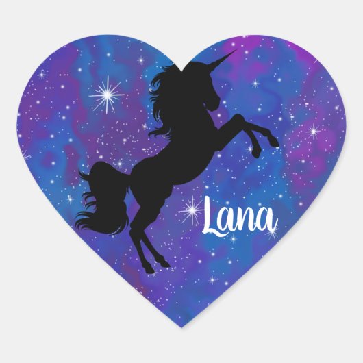 Aangepaste naam Blauw/Paarse Galaxy Eenhoorn Stick Hart Sticker (Voorkant)