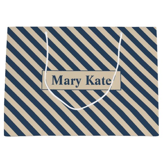 Aangepaste naam blauw/vanille strepen groot cadeauzakje (Voorkant)
