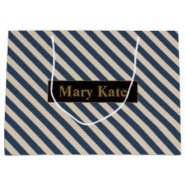 Aangepaste naam blauw/vanille strepen groot cadeauzakje