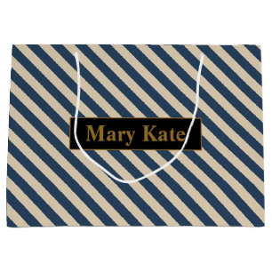 Aangepaste naam blauw/vanille strepen groot cadeauzakje