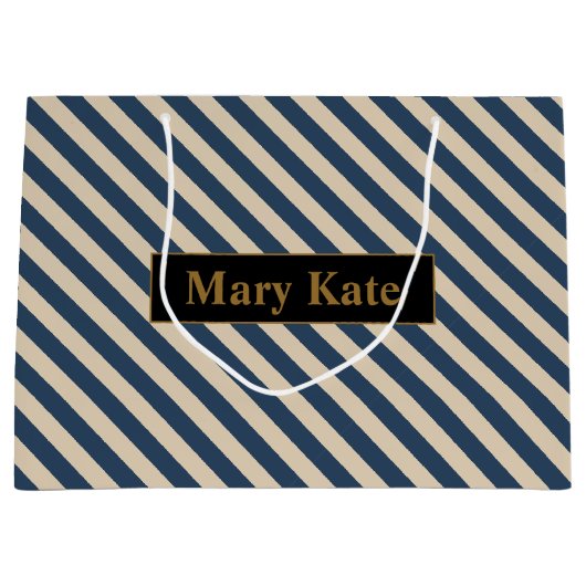 Aangepaste naam blauw/vanille strepen groot cadeauzakje (Voorkant)