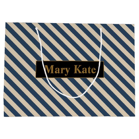 Aangepaste naam blauw/vanille strepen groot cadeauzakje (Achterkant)