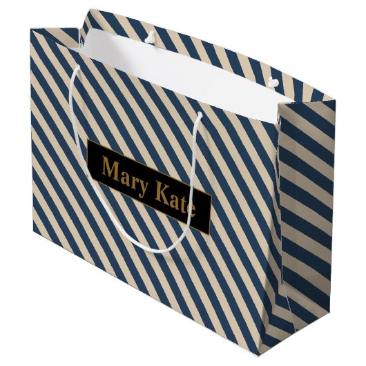 Aangepaste naam blauw/vanille strepen groot cadeauzakje (Achterkant Gekanteld)