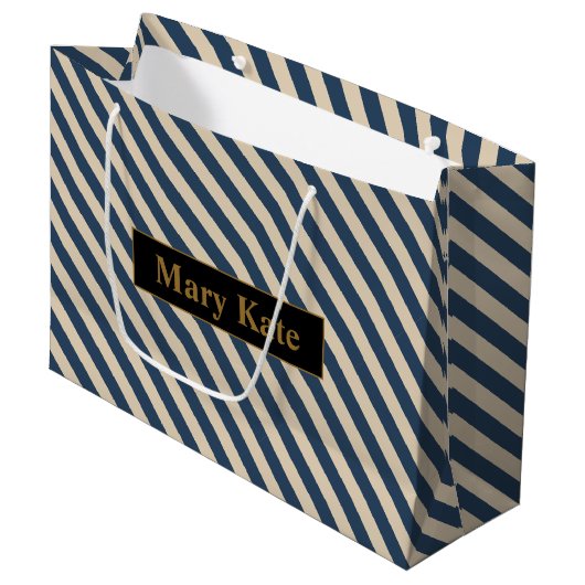 Aangepaste naam blauw/vanille strepen groot cadeauzakje (Voorkant Gekanteld)