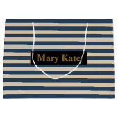Aangepaste naam blauw/vanille strepen groot cadeauzakje (Voorkant)